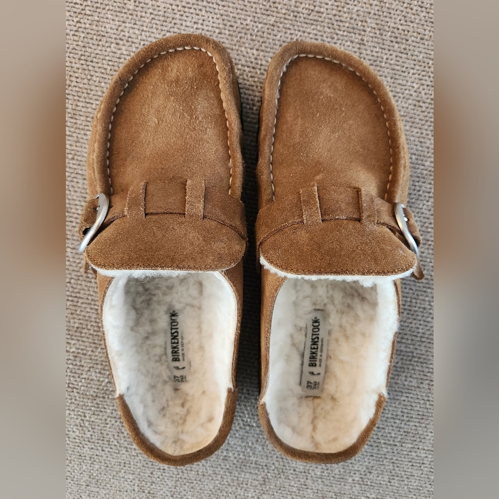 Birkenstock Tan Suede Shearling-Lined Clog Mules with Buckle - Picture 3 of 10